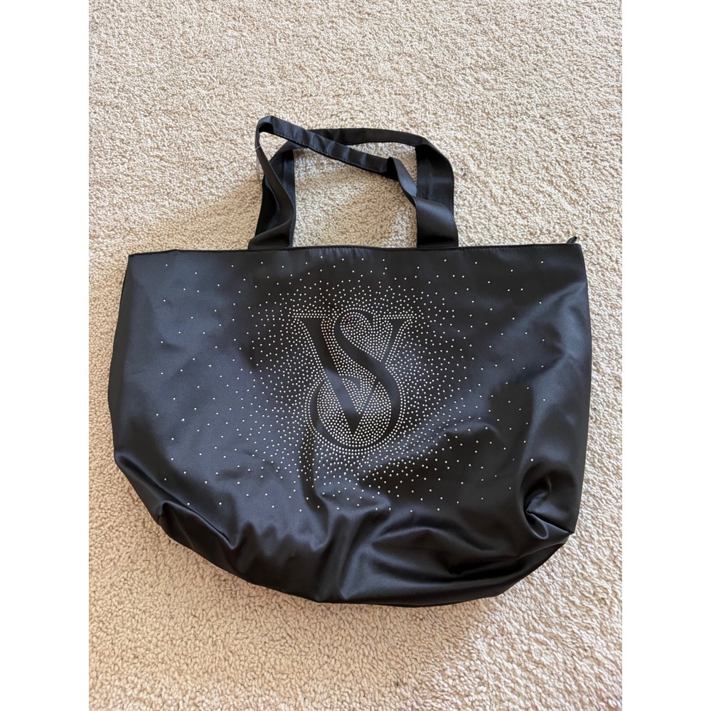Victoria Secret Black Satin Rhinestone VS Logo Tote Bag 11256227